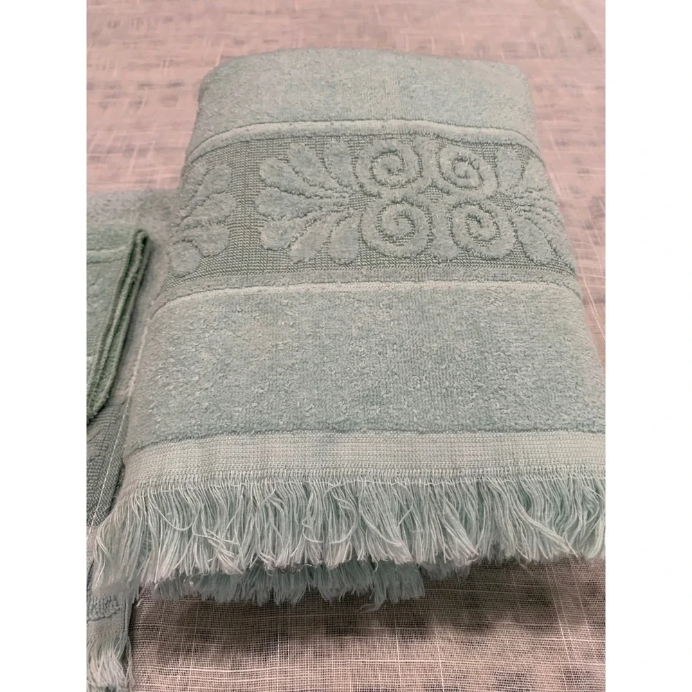 Vintage Cannon Sage Green Towel Set Fringed Retro Floral Cottagecore Rare Y2K